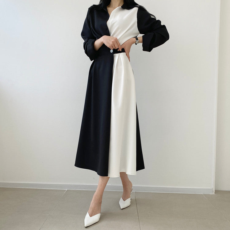 Sixsr Spring Autumn Retro Temperament Contrast Color Lapel Long-Sleeved Shirt Female Midi Dress Korean Elegant Fashion Slim Chic Dress