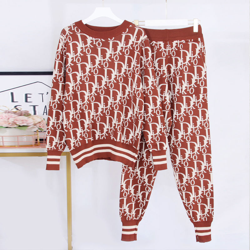 Sixsr New Fall Female Knitwear Long Sleeve 2 Piece Sets Letter Spliced Suit V-Neck Sweater Pullover Tracksuit Wide Leg Pants Sweatsuit