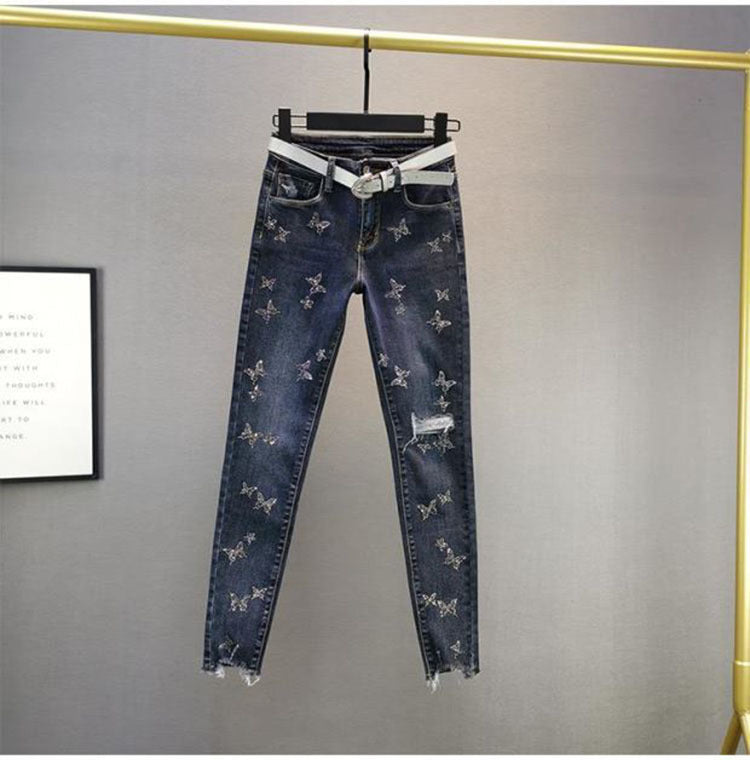 Sixsr Hot Sales High Waist Jeans Women Beading Butterfly Fashion Ripped Jeans Casual Plus size Stretch Jeans Female Washed Denim Pencil Pants