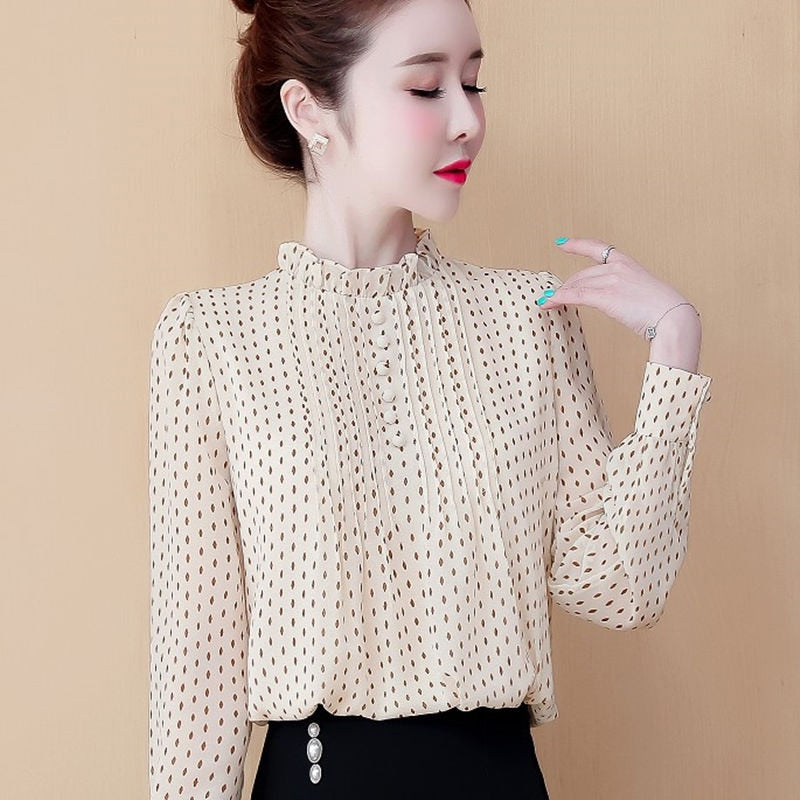 sixsr Women Spring Autumn Style Chiffon Blouses Shirts Lady Casual Long Sleeve O-Neck Polka Dot Printed Chiffon Blusas Tops