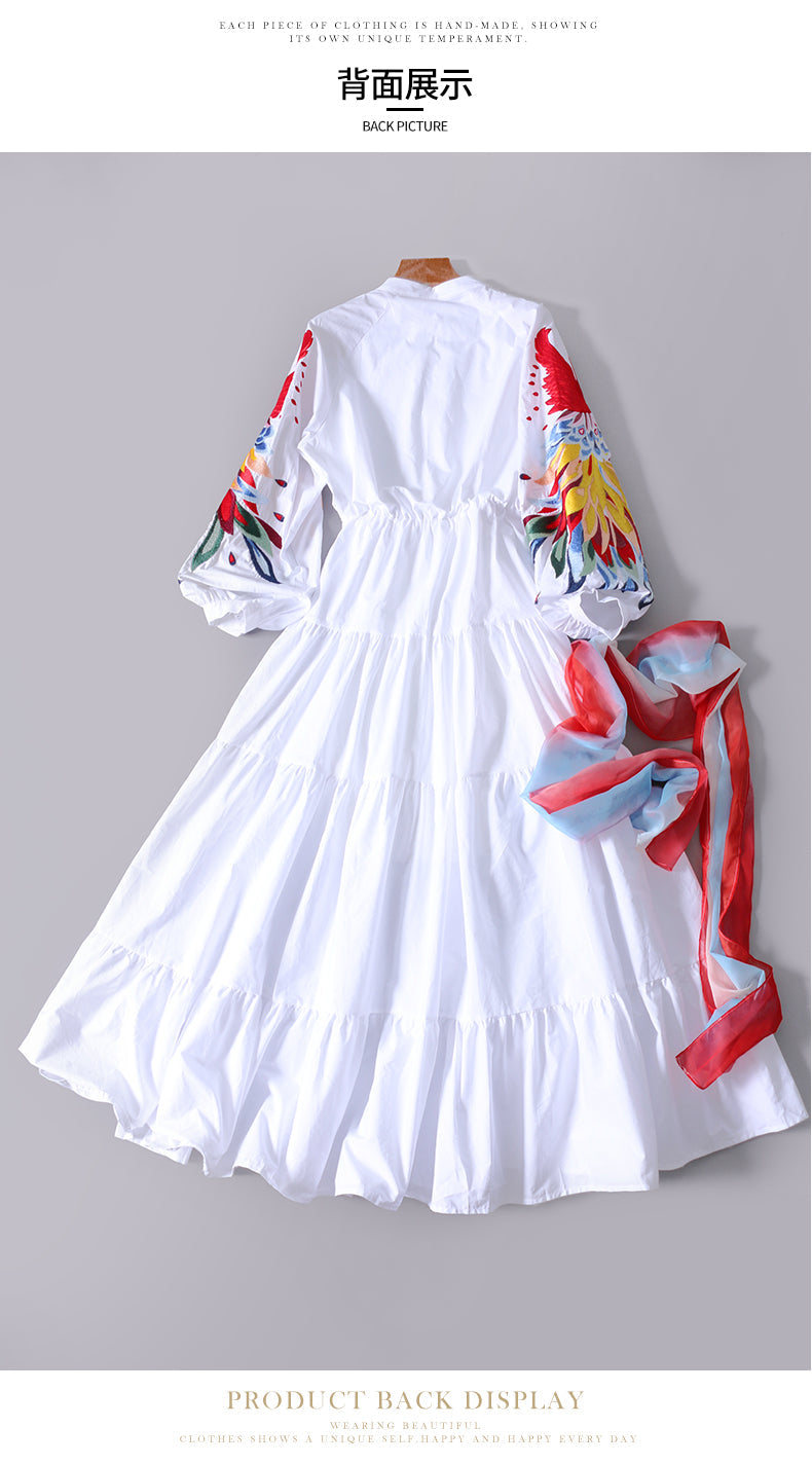 sixsr High Quality Luxury Design Runway Female Elegant Embroidery Women Dress Lantern Sleeve High Waist Maxi Long Dresses