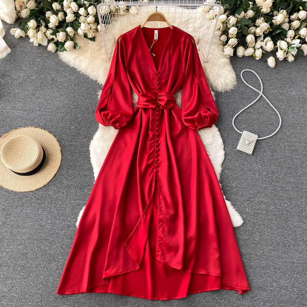 Sixsr Womens Fashion Irregular Maxi Dress Women Design Hollow Puff Sleeve A-line Dress New Autumn Casual Vacation Split Long Dress