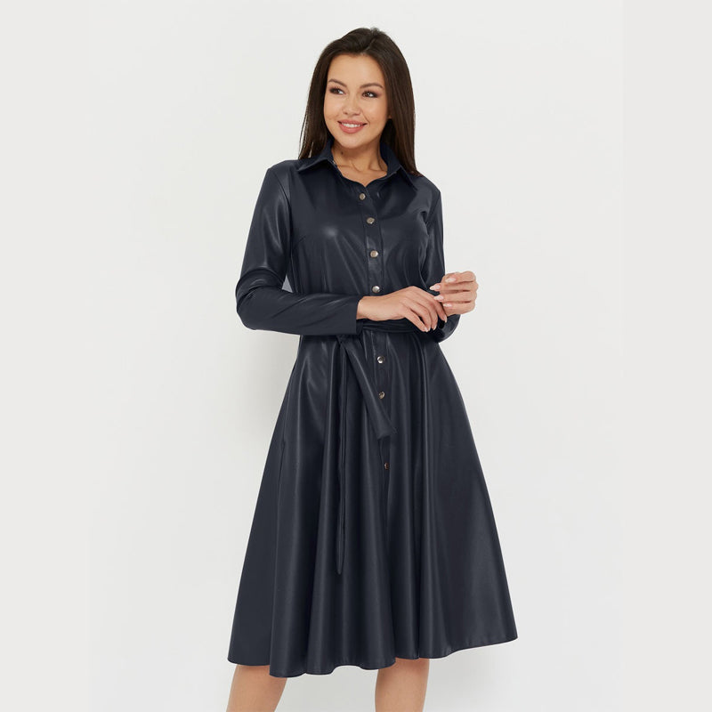 Sixsr Winter Casual Sashes Pu Leather A-Line Dresses Women Turn-down Collar Long Sleeve Solid Color Knee Dress Office Lady Wear