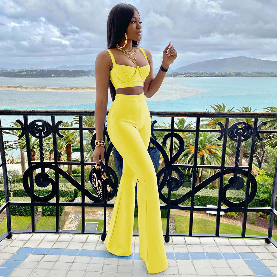 sixsr Set 2 Pieces Strap Sleeveless Bustiers And Long Bell-Bottoms Trousers Sexy Celebrity Party Sheath Vestidos Dobanmbd