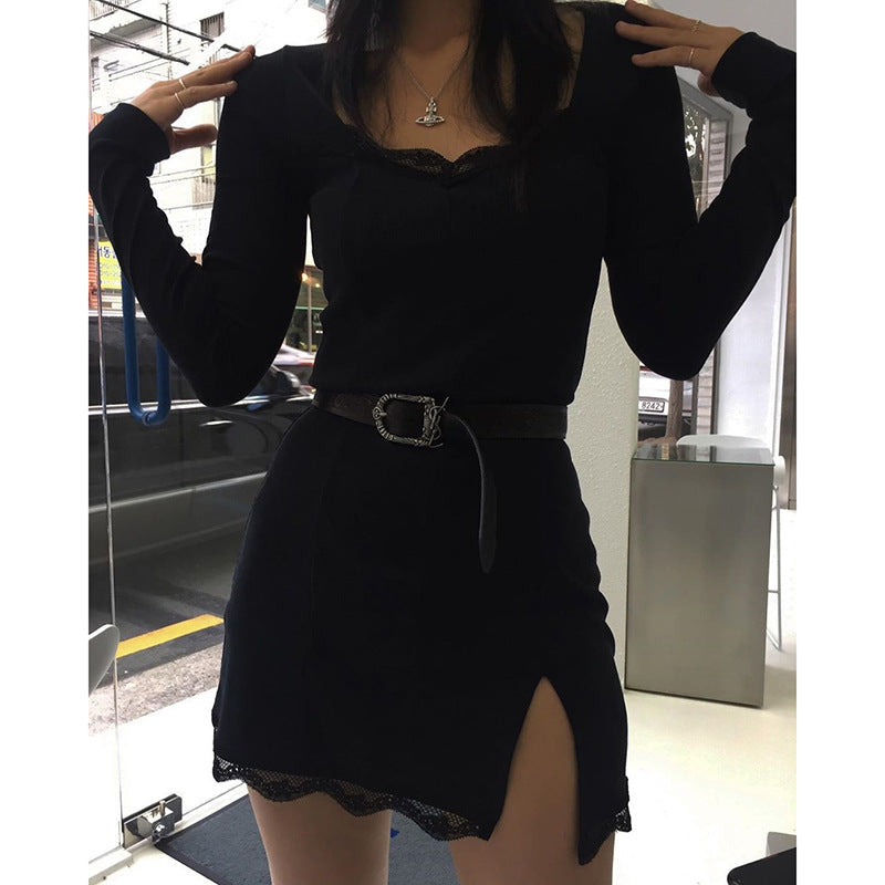 Sixsr Women Winter Dress Women New Arrivals Sexy Long Sleeve Lace Split Black White Solid Party Dresses Vestidos