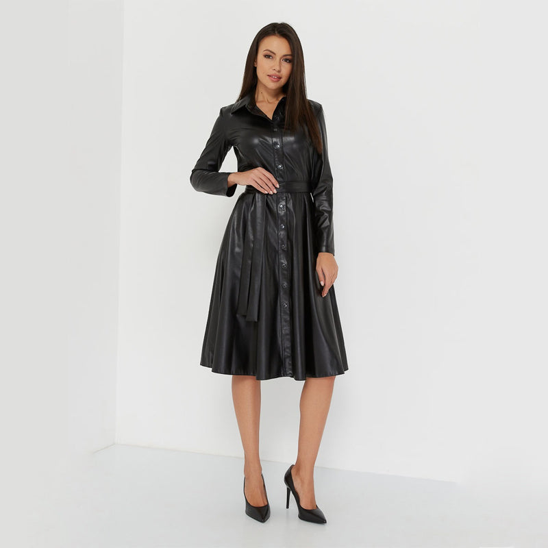 Sixsr Winter Casual Sashes Pu Leather A-Line Dresses Women Turn-down Collar Long Sleeve Solid Color Knee Dress Office Lady Wear