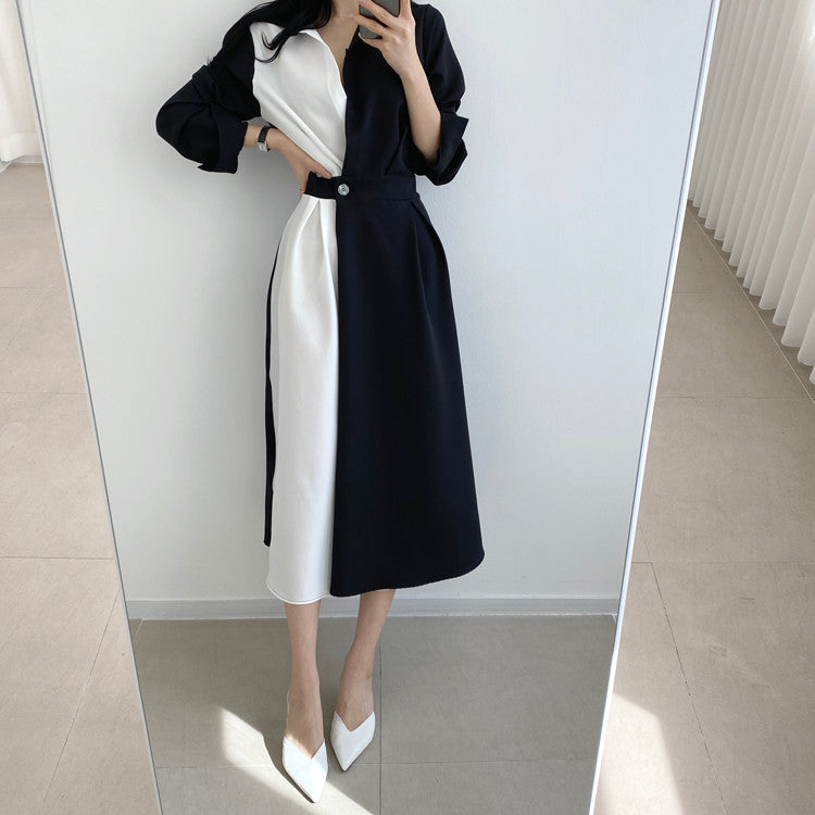 Sixsr Spring Autumn Retro Temperament Contrast Color Lapel Long-Sleeved Shirt Female Midi Dress Korean Elegant Fashion Slim Chic Dress
