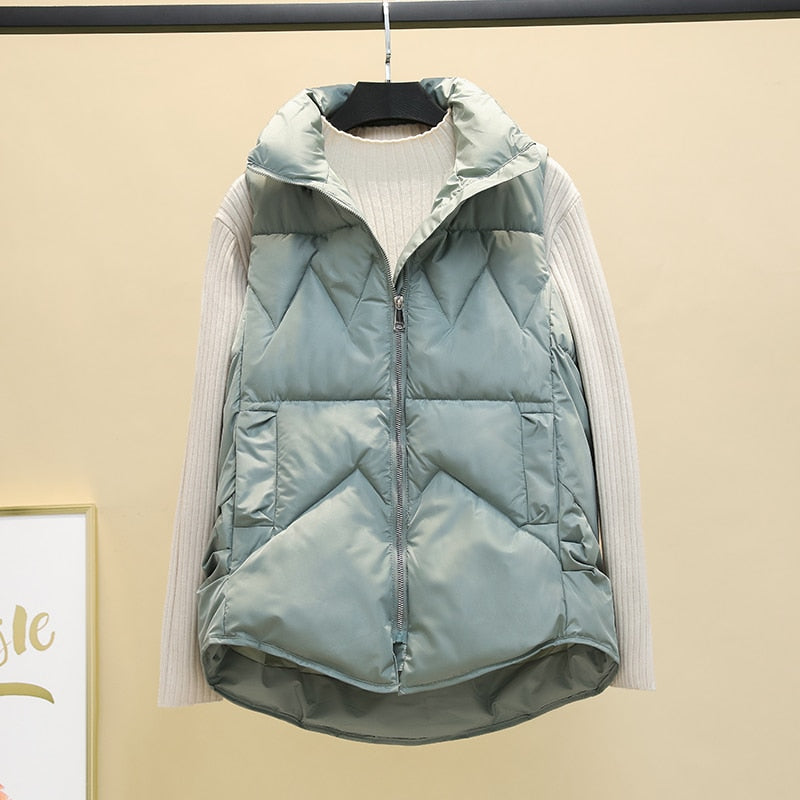 Sixsr Autumn Winter Down Cotton Soild Women's Vest Short Style New Slim Fashion Stand-up Collar White Jacket Sleeveless Vest