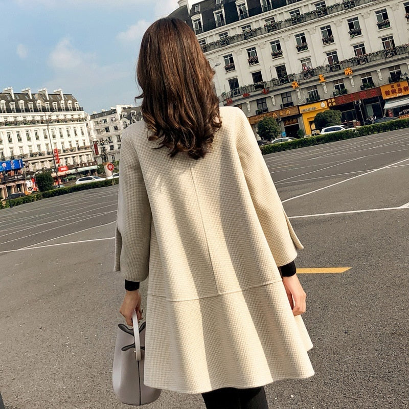 Sixsr Office Lady Woolen Jacket Women's Middle Long Korean Autumn Winter New Loose Cape Small Thousand Bird Lattice Woolen Coats