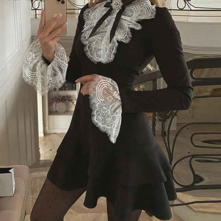 sixsr Fashion Trends Women Eyelash Lace Bell Sleeve Ruffles Dress Party Dress Elegant Fashion Dress