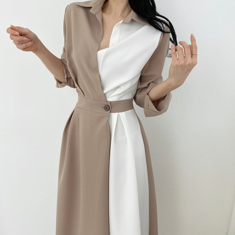 Sixsr Spring Autumn Retro Temperament Contrast Color Lapel Long-Sleeved Shirt Female Midi Dress Korean Elegant Fashion Slim Chic Dress