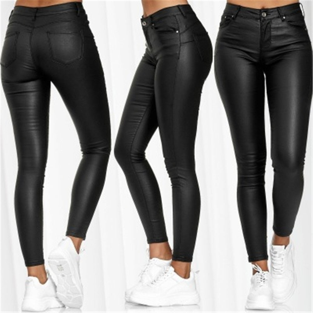 Sixsr Pure Color Leather Casual Pants Small Feet Pants Spring Women Pu Leather Pants Black Sexy Stretch Bodycon Leather Pants High Red