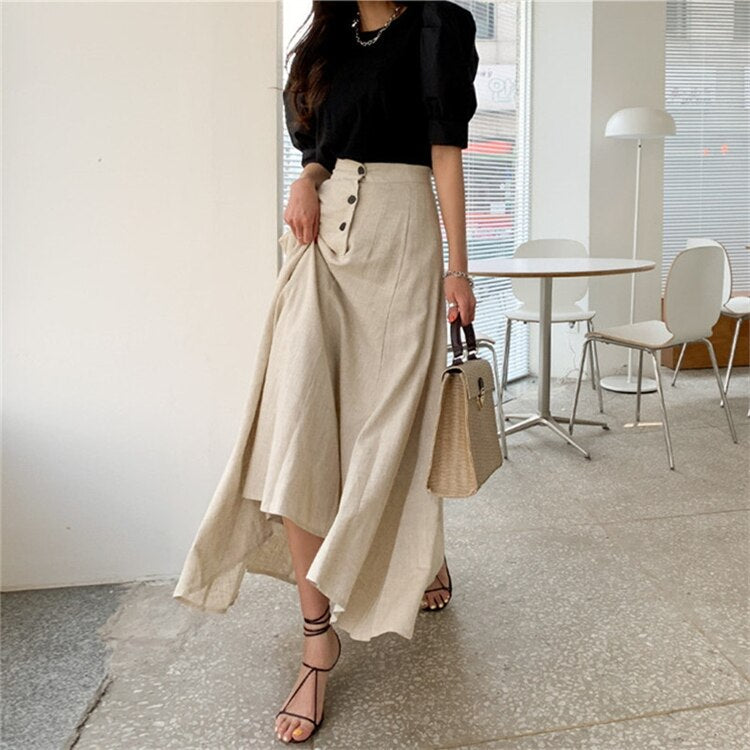 sixsr New  Vintage Elastic Waist Buttons Irregular Chic Cotton and Linen Split Spring Summer Women's Long Skirts SK8560