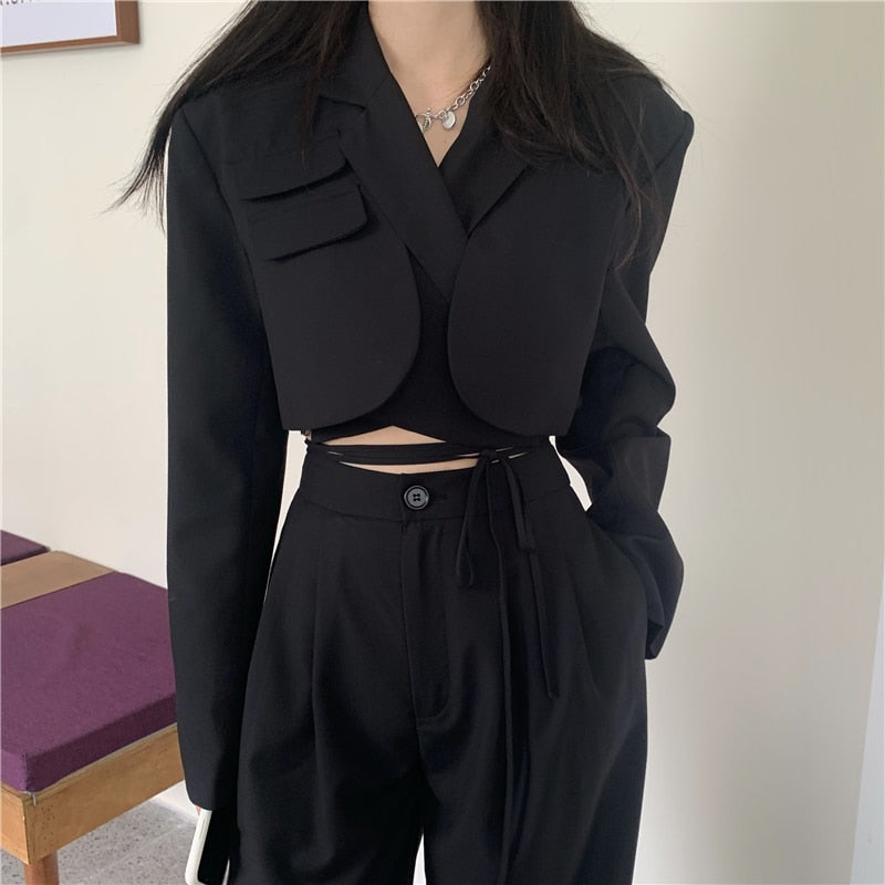 Sixsr Spring Outfits  Trends Korean Summer Two Piece Set Women Crop Top Sexy Lace-up Blazer Coat + High Waist Pants Suit Sets Autumn Streetwear 2 Piece Sets