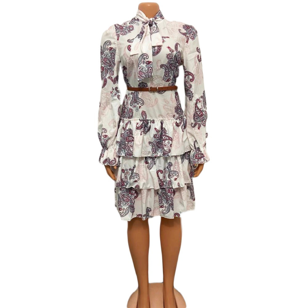 Sixsr Women Printed Dresses Long Sleeves Bowtie Cake Dress Female Ruffles Pleated Africn Fashion Lovely Date Sweet Vestidos Plus Size