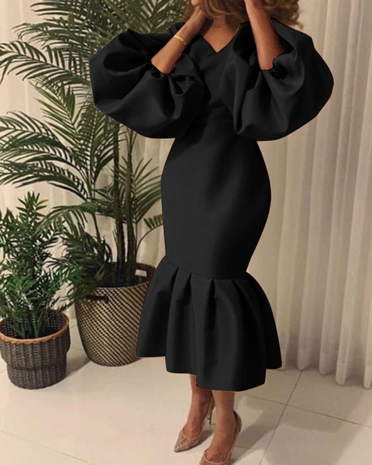 Sixsr Women Party Dress V Neck Long Puff Sleeves Bodycon Sexy Event Occasion African Female Fashion Autumn Spring Robes Vestidos New