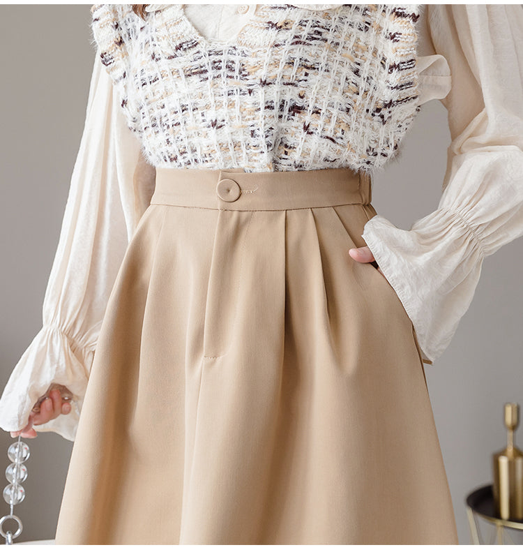 sixsr  New Spring Summer High Waist Midi Skirt Women Casual Pocket Solid Color Loose A-Line Umbrella Skirt Female Petticoat