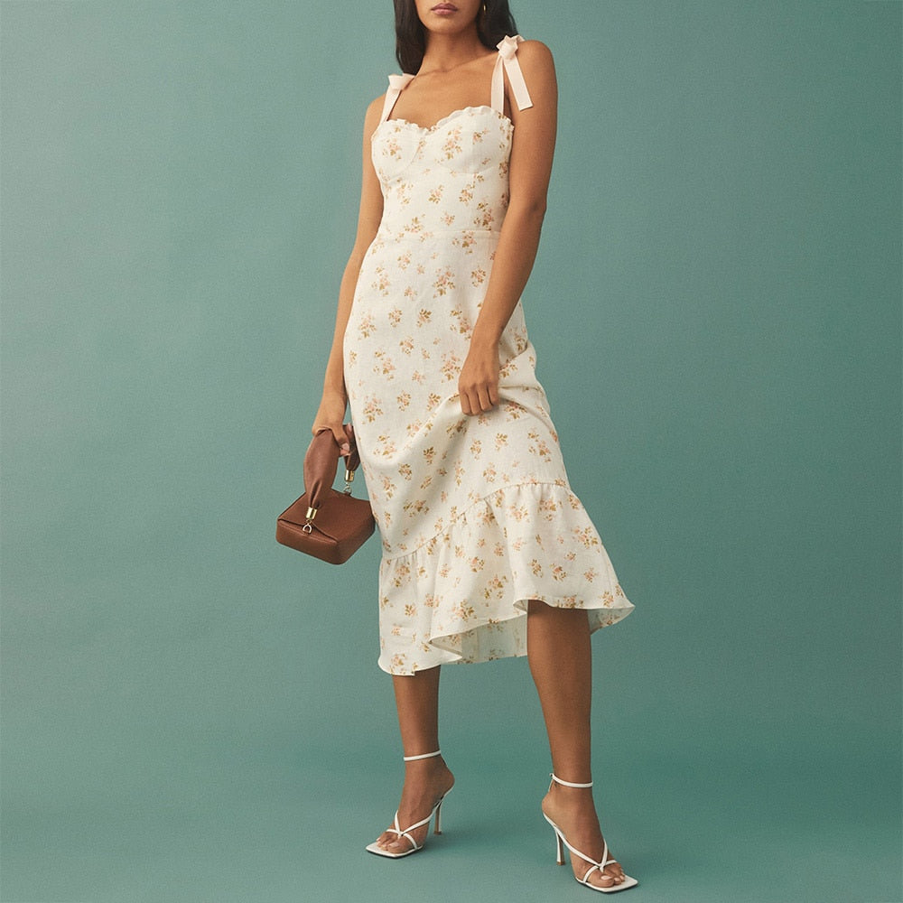 sixsr Dresses For Women Elegant Vintage Floral Dress Frill Sweetheart Neck Sleeveless Strap Tie Ruffle Hem Summer Beach Dress