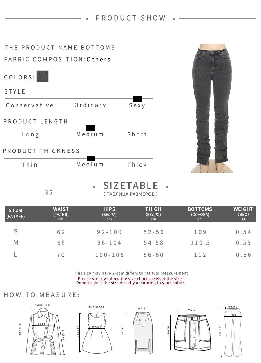 sixsr Grey Split Denim Stacked Pants Zip Up Baddie Style Streetwear Pencil Jeans For Women High Waist Bodycon Ruched Trousers