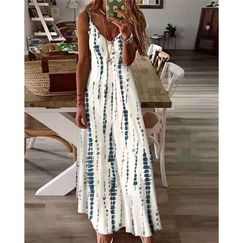 Sixsr Selling New High Street Tie Dye Dress Sexy Spaghetti Strap V Neck Long Dresses Women Summer Beach Dresses Party Tunic Plus Size 5XL