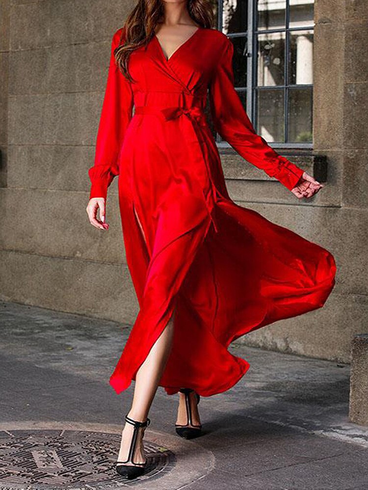 Sixsr Gifts For Women Autumn women's Long Sleeve Casual Style Polyester Material New V-neck Middle Waist Zipper Stitched Slit Large Swing Dress