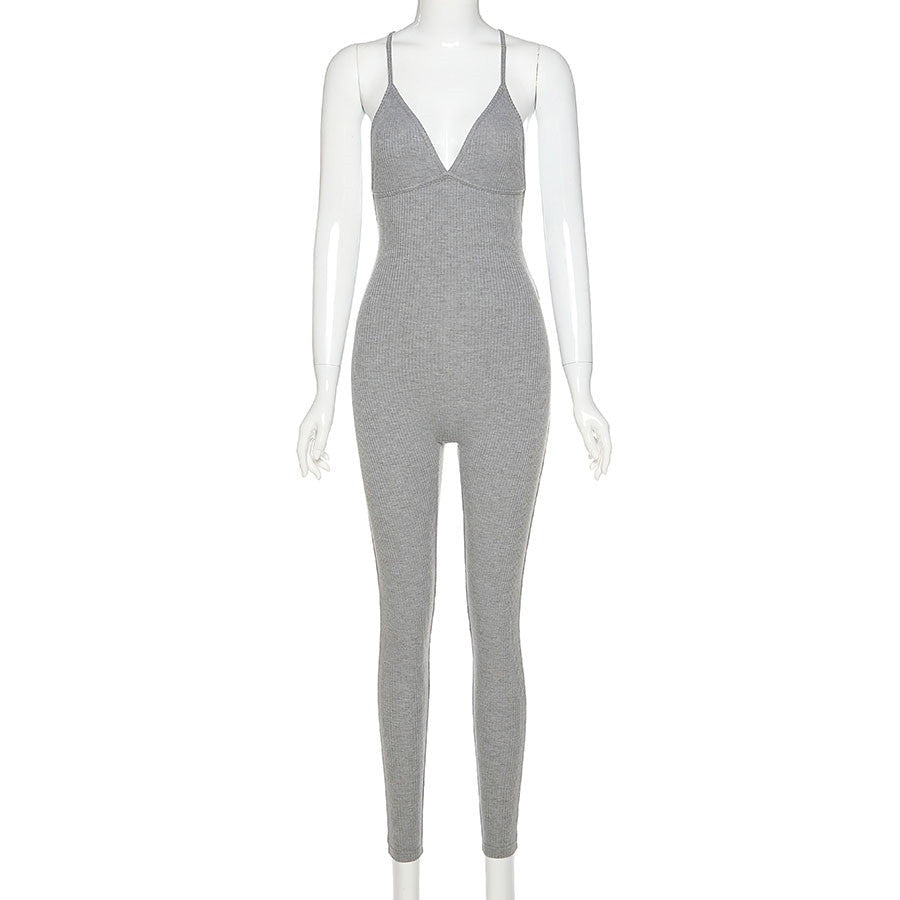 Sixsr v-neck skinny sexy jumpsuit women summer hollow out partywear halter sleeveless streetwear outfit fitness backless