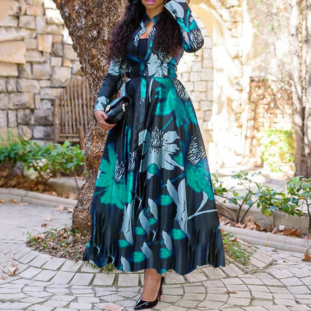 Sixsr Women Vintage Floral Printed Long Sleeve Summer Dress Retro Plus Size Office Maxi Vestidos Elegant Ladies Party Long Shirt Dress
