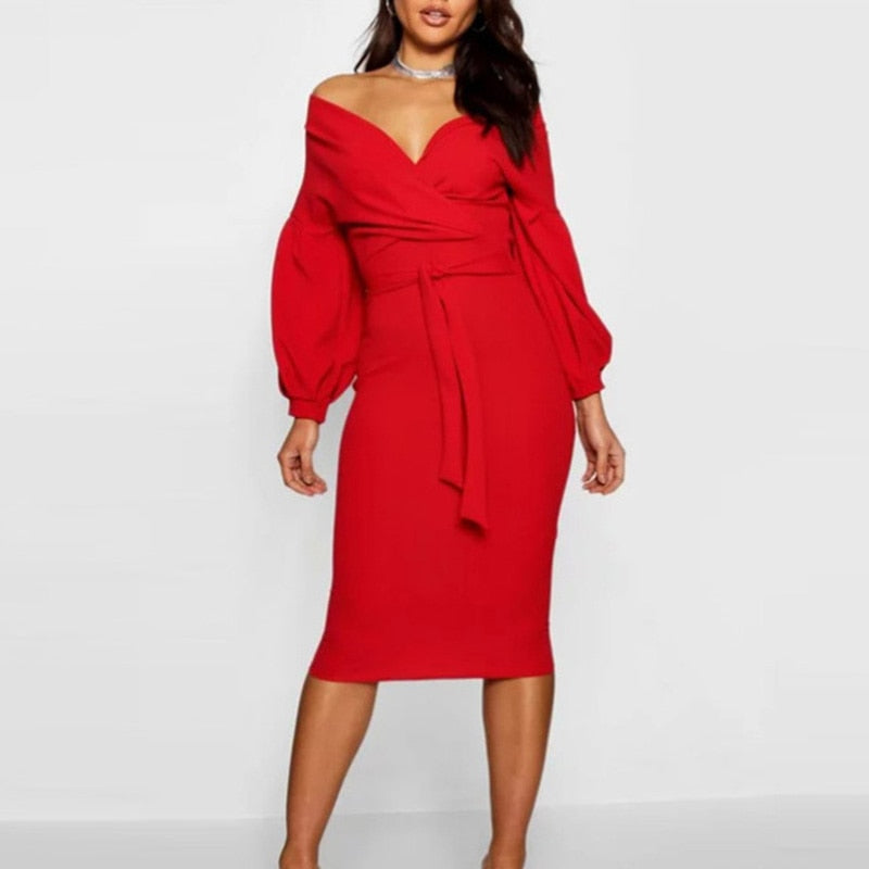 Sixsr Spring Sexy Deep V Neck Ladies Bodycon Dress Elegant Women Solid Lantern Sleeve Sashes Party Dress Casual Female Vestidos