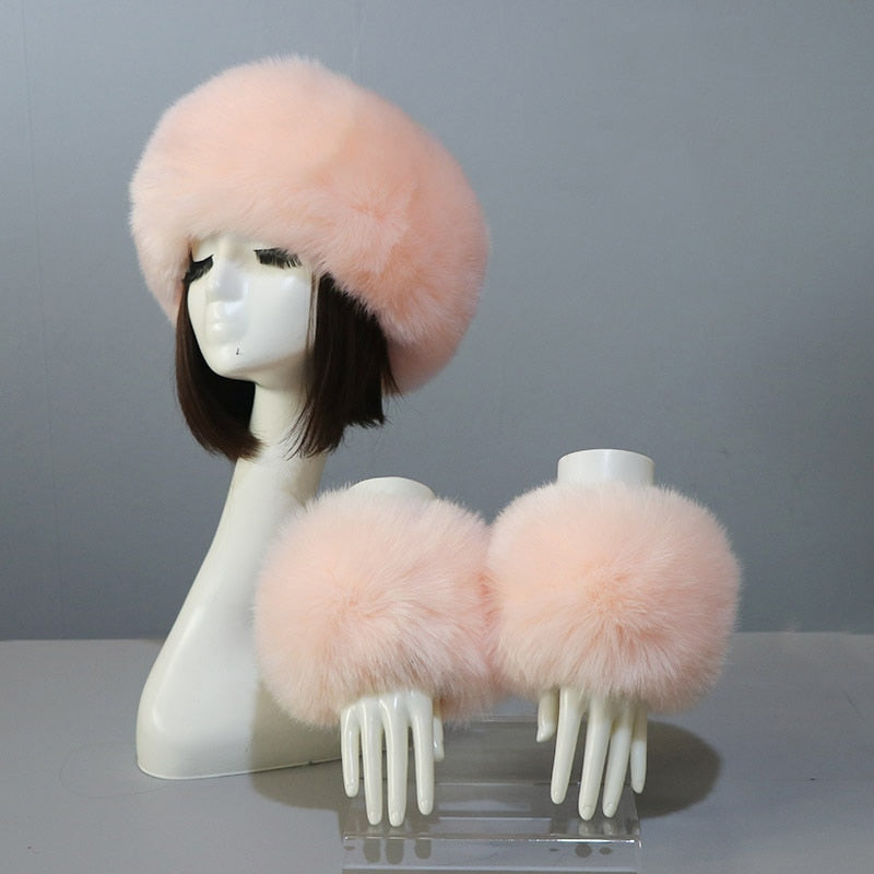 Sixsr New Autumn Winter Caps Female Hats Cuffs Set Fashion Warmth Imitation Quality Design Faux Fur Hat Fox Fur Sleeves Suit Accessary