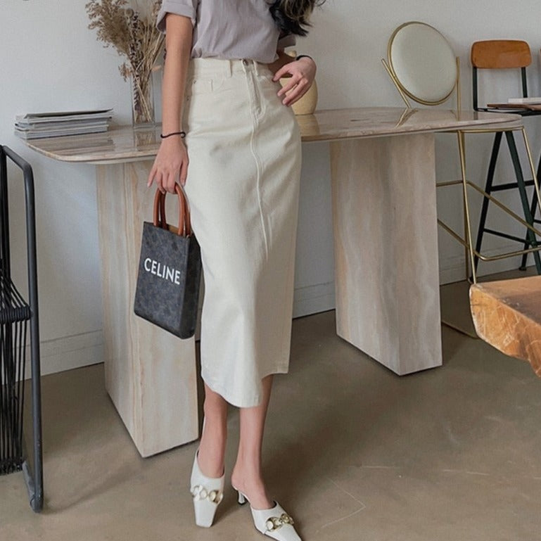 Sixsr  Fashion Trends Straight Bodycon Long Jeans Skirt Women Solid White Vintage Split High Waist Denim Skirt Midi Elegant Summer