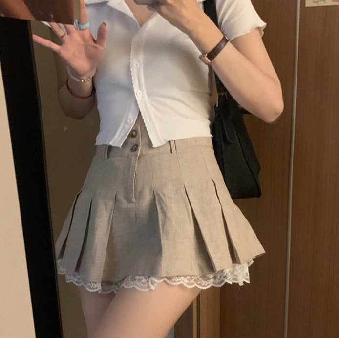 Sixsr Sweetown Korean Fashion Khaki Short Skirt Lace Trim Cute Pleated Skirts Womens Preppy Style Button Up High Waist Summer Skirt
