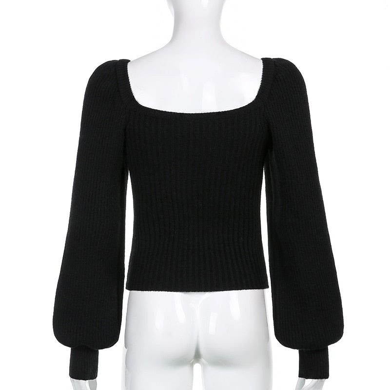 Knitted Women's Sweater Vintage Pullover Long Puff Sleeve Pink Square Neck Top Korean Fashion Style Autumn Winter Clothing