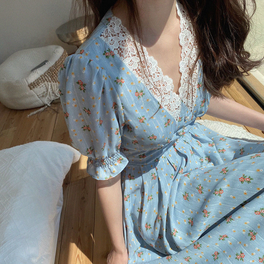 Sixsr Vintage Floral Dress Women Elegant Lace Chiffon Korean Party Dress Puff Sleeve V Neck Midi Dress Fall Dresses for Women