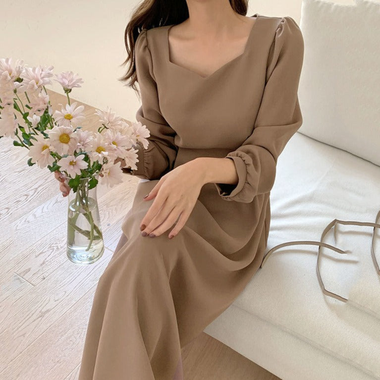 Sixsr  Spring Outfits Chic Korean Fashion Women Temperament Office Lady Elegant Work Basic Wear Solid Vintage Long Dress Fenimine Vestidos N502