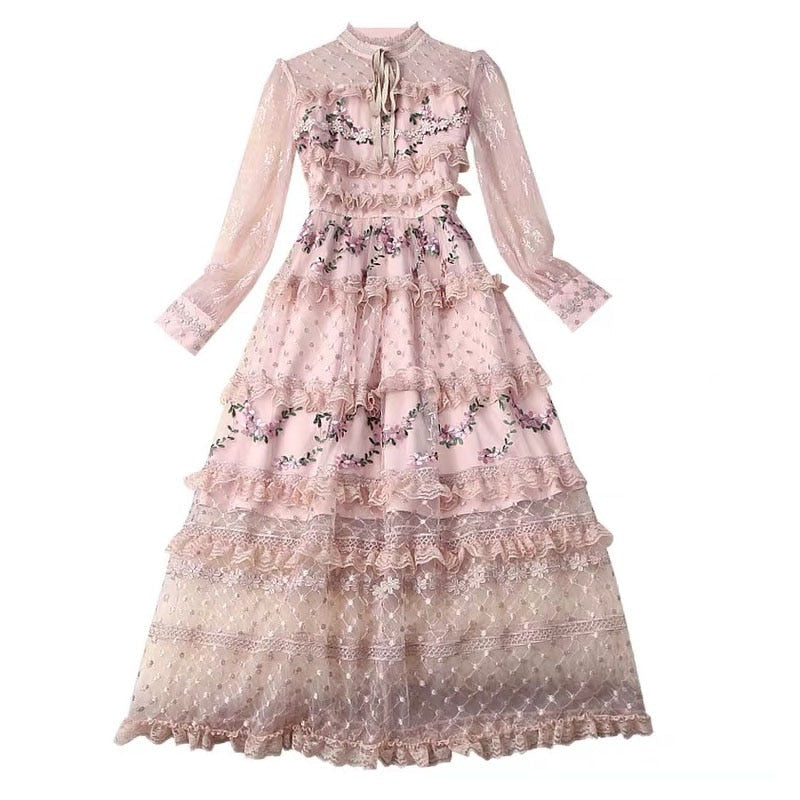 sixsr Spring Outfits Designer Runway Party Evening Midi Long Dresses For Women Ruffles Embroidery Floral Elegant Traf Chic Ladies Vestidos Femme Robe