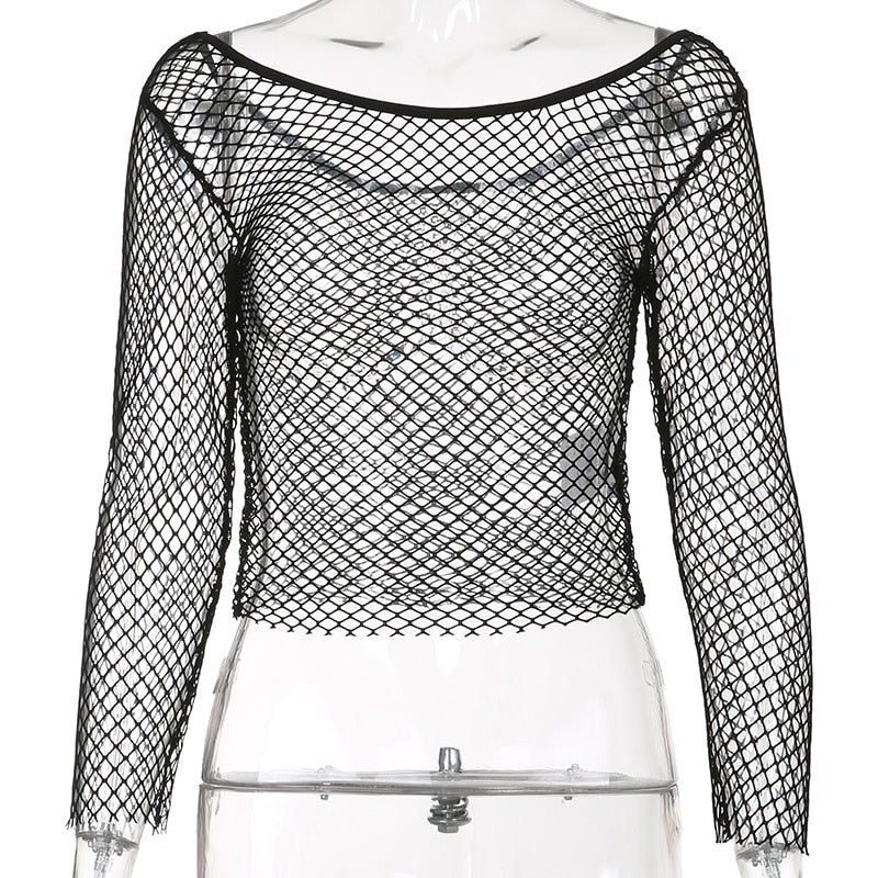 sixsr Hot Sell Hollow Out See Through Sexy Slash Neck Fishnet Mesh T-Shirts Women Cute Club Outfits Off Shoulder Long Sleeve Crop Tees