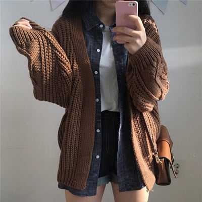 Sixsr New Autumn Knit Sweater Women Fashion Harajuku Loose Warm Cardigan Women College Casual Long Sleeve Winter Coat