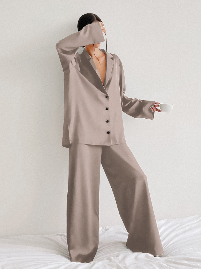 Sixsr Oversized Satin Silk Sleepwear Low Cut Sexy Pajamas For Women Single-Breasted Long Sleeves Wide Leg Pants Trouser Suits