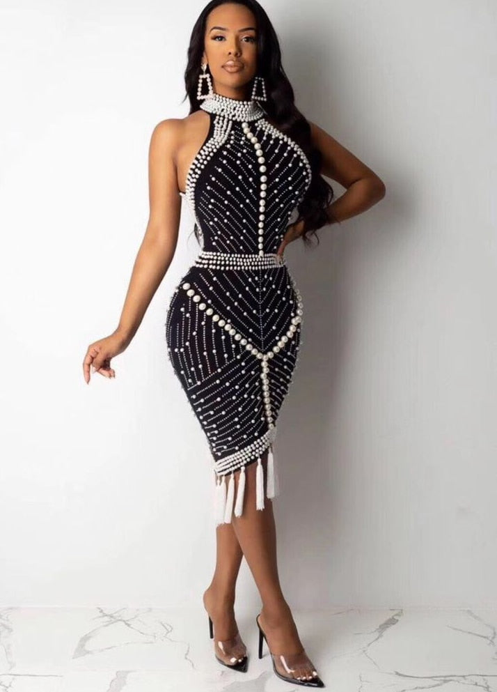 sixsr XL XXL High Quality Celebrity White Black Tassel Beading Sexy Rayon Bandage Dress Cocktail Party Dress