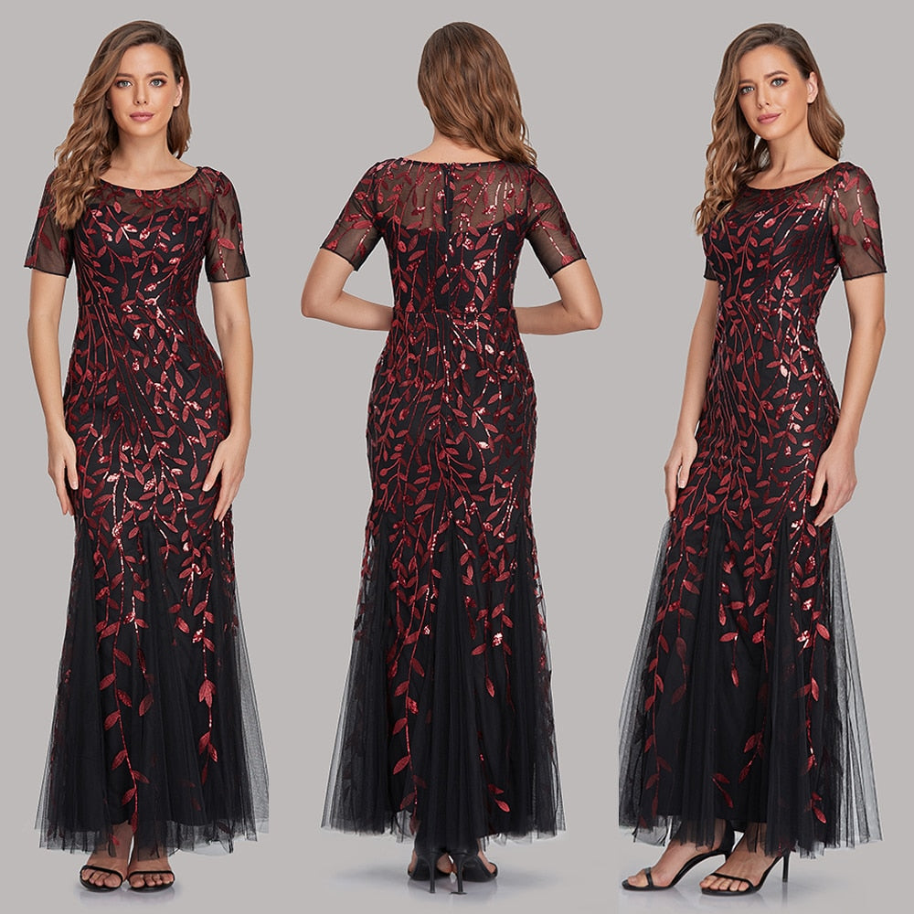sixsr Plus Size Evening Dresses Mermaid O Neck Short Sleeve Lace Appliques Tulle Long Party Gown Robe Soiree Sexy Formal Dress vestido