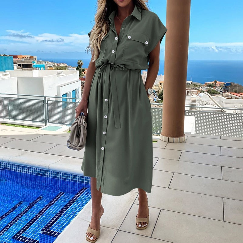 Sixsr Summer Sundress Women Elegant Dress Plus Size Short Sleeve Casual Loose Buttons High Waist Work Midi Vestidos Robe
