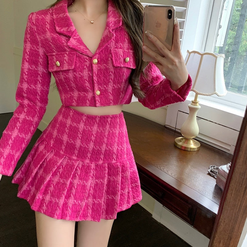 Sixsr High Quality Fall Small Fragrance Vintage Tweed Two Piece Set Women Crop Top Woolen Short Jacket Coat + Mini Skirts Sets Sweet 2 Piece Suits