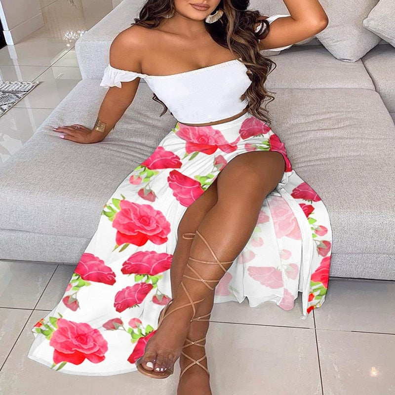 sixsr Off Shoulder Women Two Piece Set Sexy Slash Neck Top and Slit  Summer Long Party Dress Suits Spring Floral Print Skirts Sets
