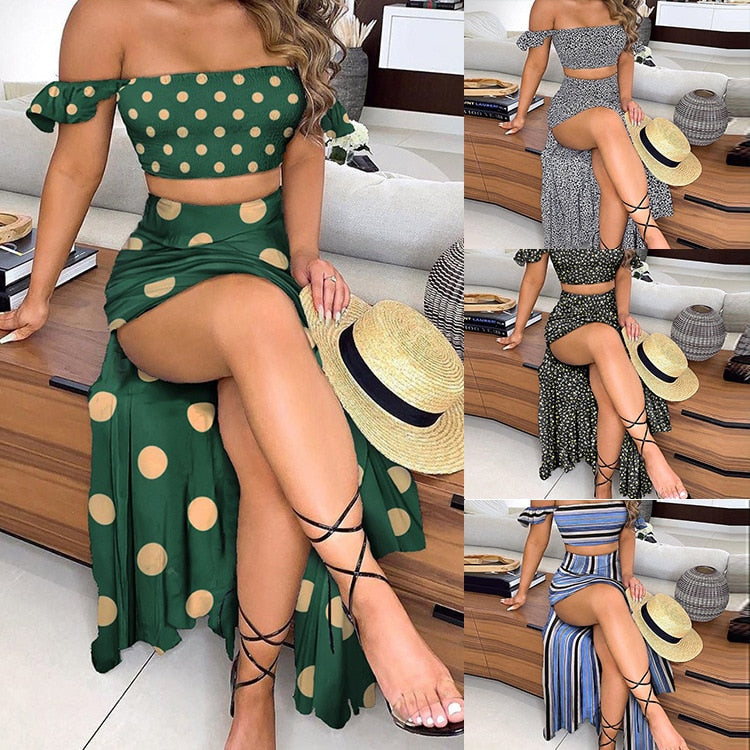 Sixsr Polka Dot Print Maxi Skirt Suit Women Summer Print Cropped Top Sexy Side Split High Waist Skirt 2 Piece Sets Woman Beach Outfits