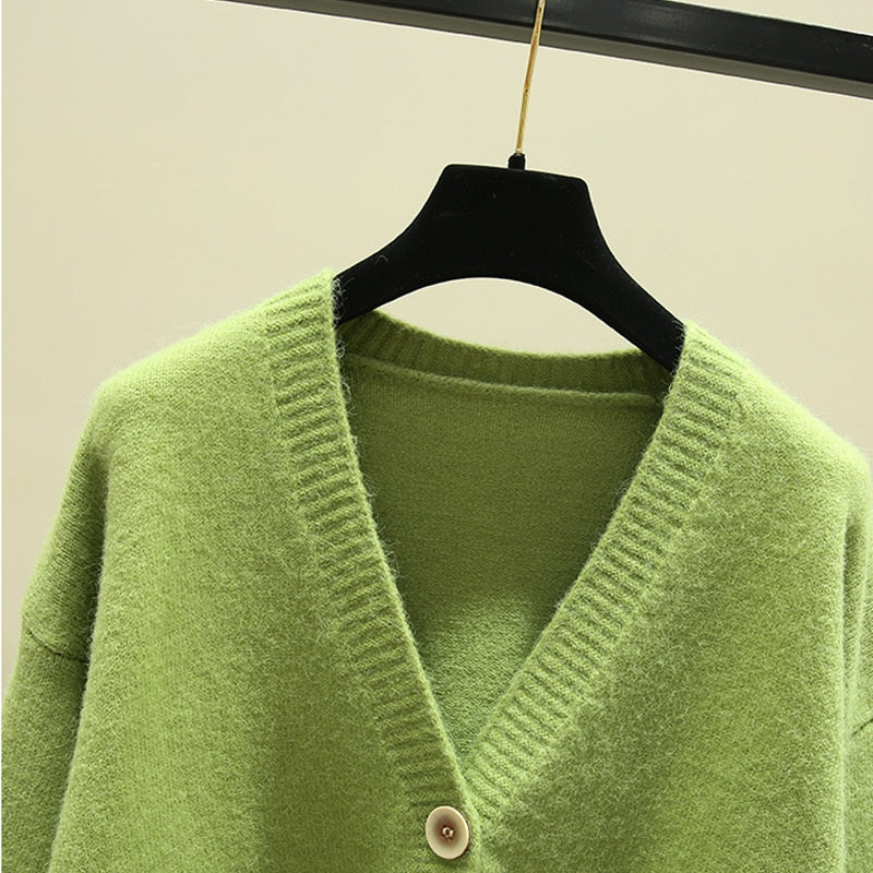 Sixsr Oversized Cardigan Women Spring Casual Solid V Neck Long Sleeve Cardigan Sweater Female Knit Jacket Coat Green Pink