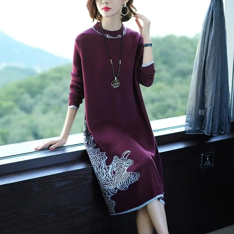sixsr Trends high quality New Year Women's Autumn/Winter Long Sleeve Knitted Wool Dress Loose High Collar Knee-Length Dress Slim Casual Dress Party Dress