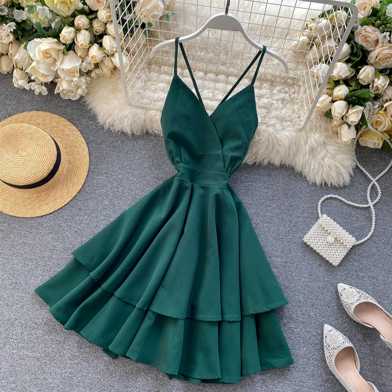 Sixsr Summer Spring Beach Holiday V-Neck Backless Lace Up Ruffles Cakes Solid Elegant Women Lady A-line High Waist Dress