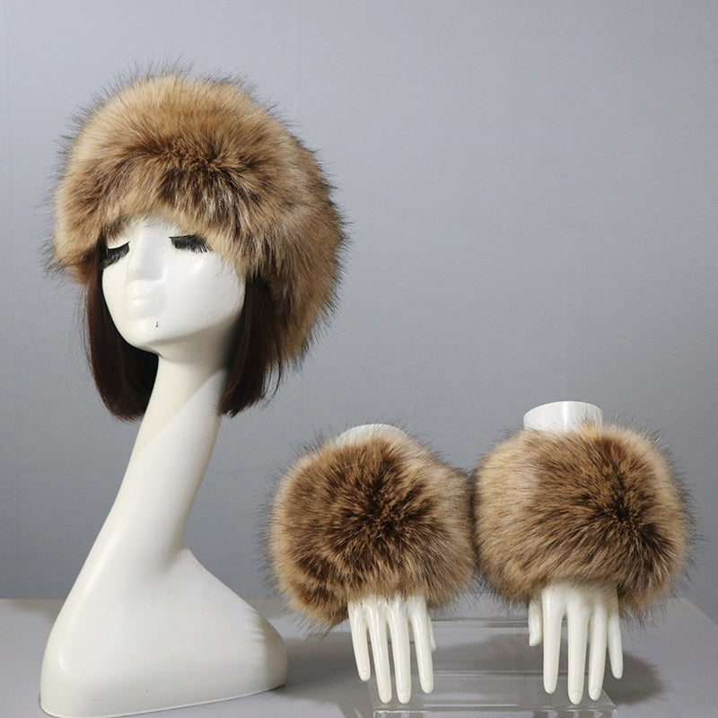 Sixsr New Autumn Winter Caps Female Hats Cuffs Set Fashion Warmth Imitation Quality Design Faux Fur Hat Fox Fur Sleeves Suit Accessary