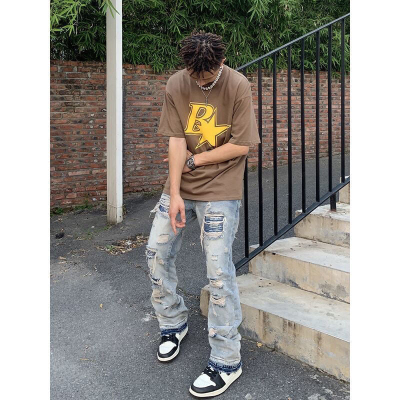 Original Ripped Jeans for Men Vintage Wash Hole Loose Micro Horn Jeans Trousers High Street Men Clothing Streetwear Denim Pants