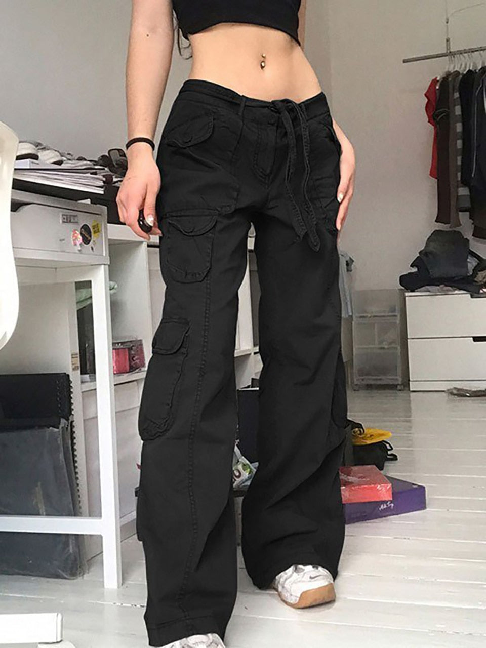 Sixsr Fashion Women's Jeans Y2K High Street Waist Denim Trousers Drawstring Waist Flap Pocket Baggy Jeans Loose Women's Classic Pants